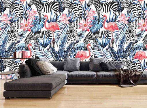 3D Wallpaper Animals Flamingos and Zebras