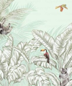 Wallpaper FIJI MURAL WALLPAPER Animals And Palm Leaves Pattern Mural