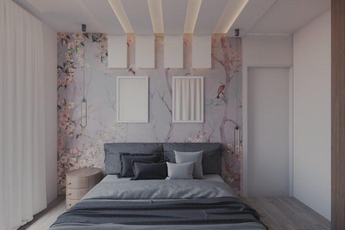 Design render of a floral chinoiserie custom wallpaper for a marble-look bedroom accent wall