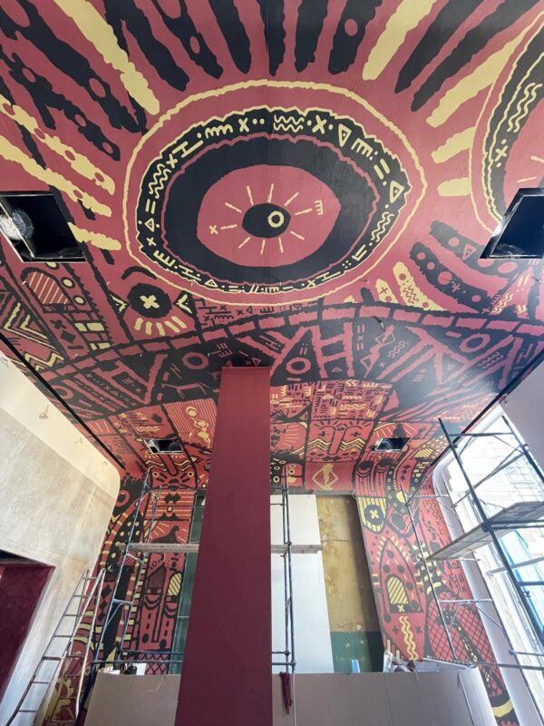Custom tribal-pattern ceiling mural wallpaper installed at Kii Restaurant in Lebanon
