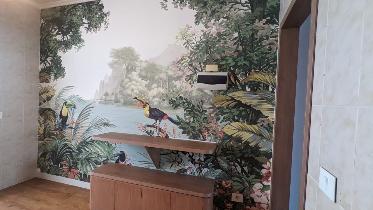 Tropical jungle mural with toucans, custom printed wallpaper installed in a Lebanon living room